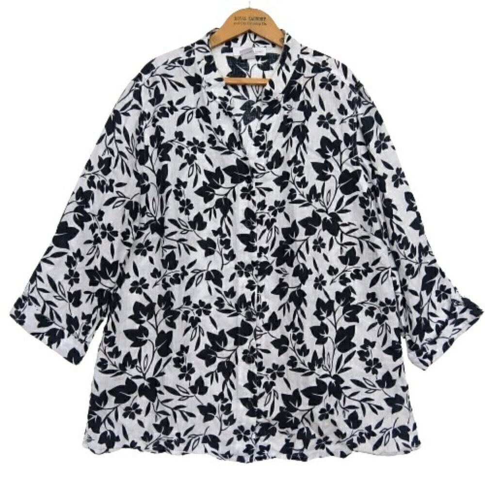 Lucy & Lauren 100% Linen Tunic Top Plus Size 1X Black White Floral Print V Neck